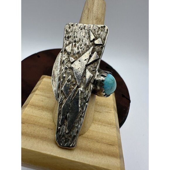 VTG Huge Brutalist Modernist Sterling Silver Turquoise Ring Signed DW Size 8.5 - Picture 2 of 14